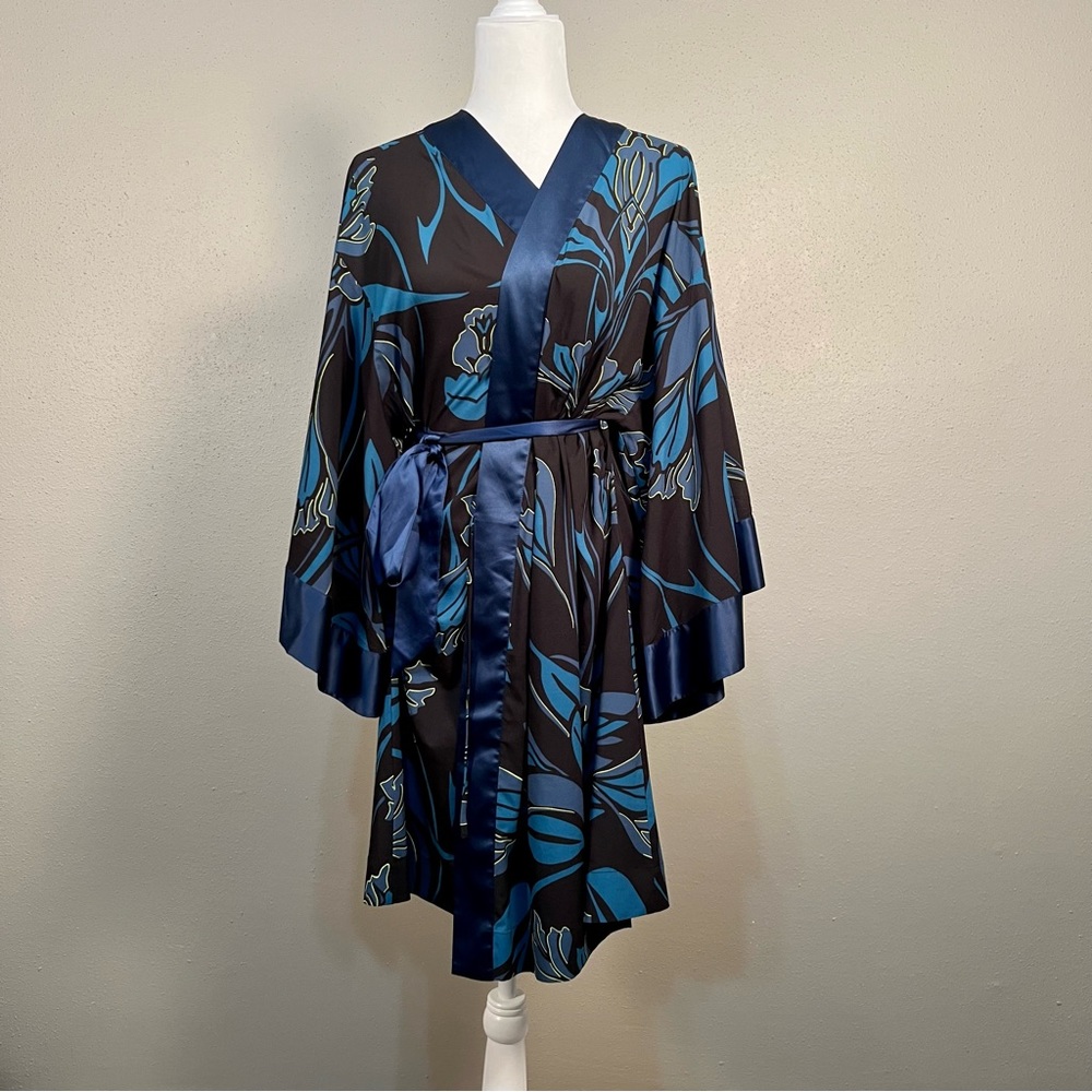 Soma L/XL Chiffon Satin Robe Kimono Sleeve Waist Sash Tie Black Turquoise Blue